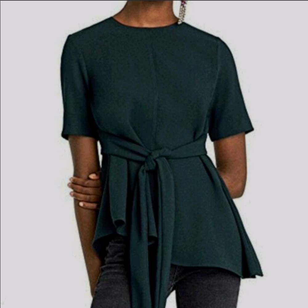 ZARA Asymmetrical Green Top with Bow Detail Large